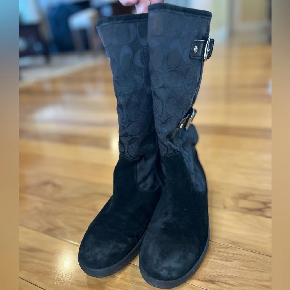 Coach Black Signature Patterned Suede Winter Lined Boots